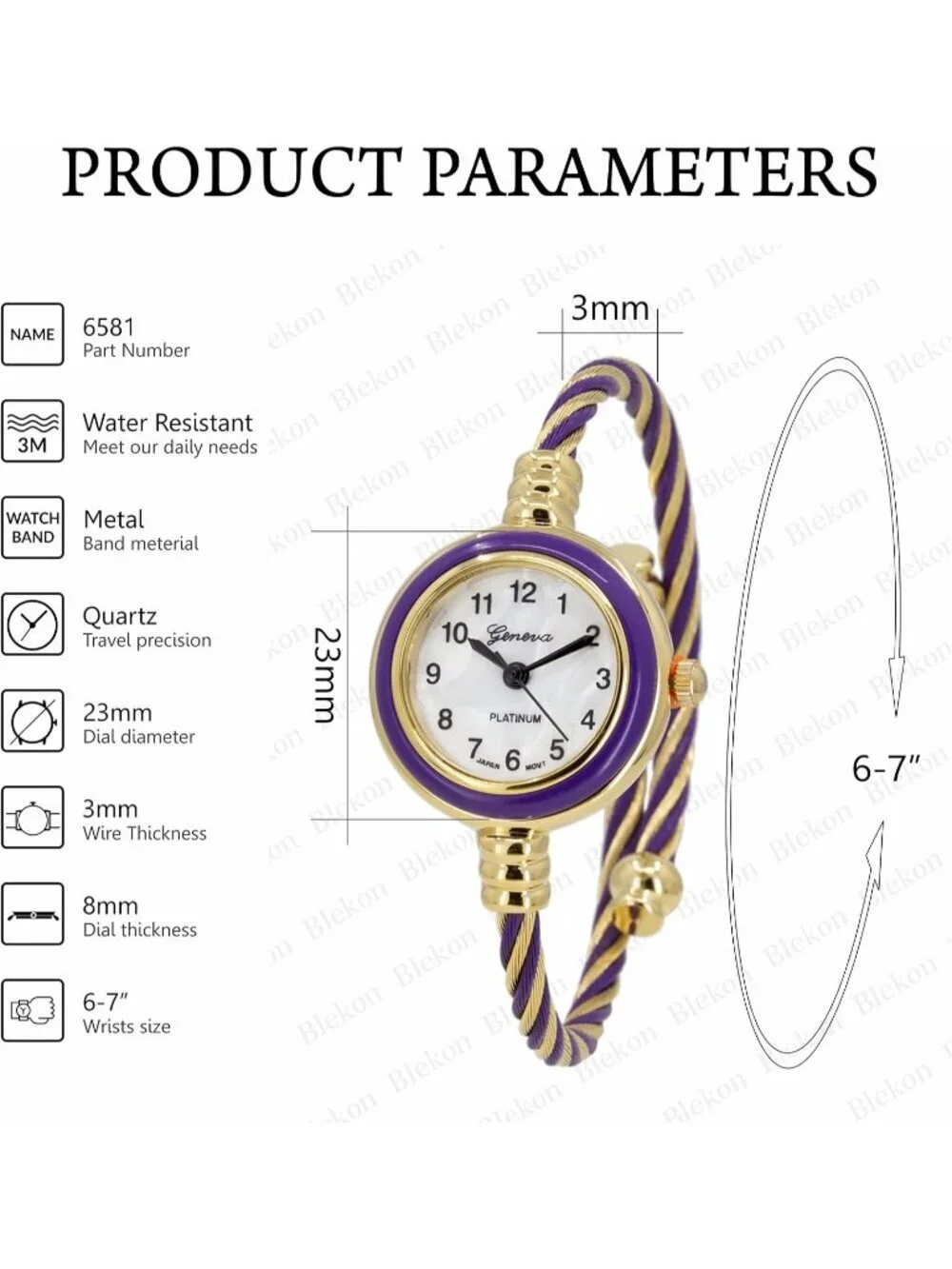 Women's Gold And Purple Analog Elegant Cable Cuff Arabic Numbers Bracelet Watch